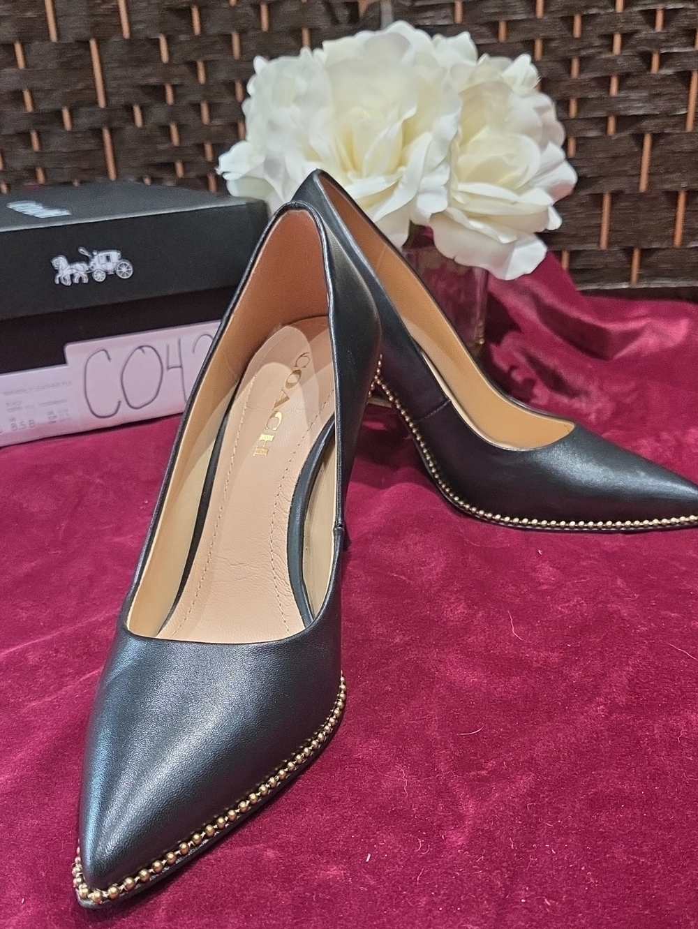 Coach Classic Black Pointed-Toe Women's Pumps with GOLD Stud Detail SIZE 8.5 - Picture 2 of 5